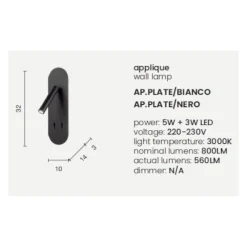 Applique Camera Da Letto-Ondaluce Ap plate applique per comodino nera led 3000k orientabile