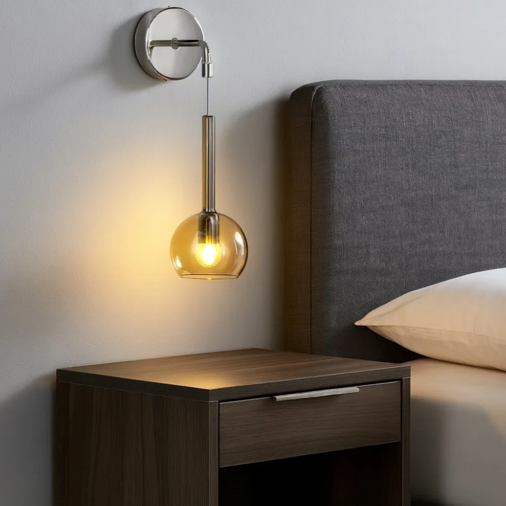Applique Camera Da Letto-Top Light Applique cromo per comodini da letto sfera vetro ambra