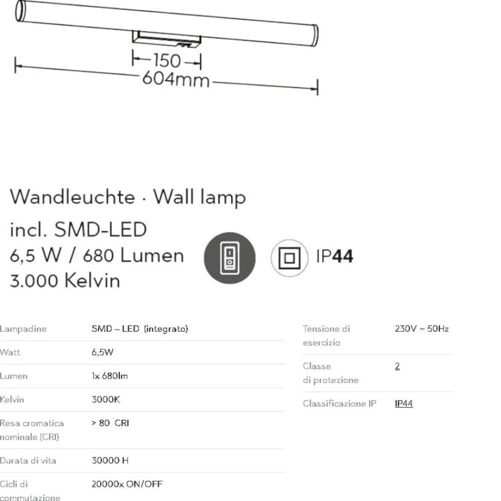 Applique Da Bagno-Selezionato da Mazzolaluce Applique cromo per specchio bagno 60cm led 6w 3000k