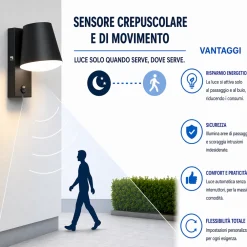 Applique Da Esterno-Selezionato da Mazzolaluce Applique da esterno sensore di movimento cremuscoare nera led 3000k ip44