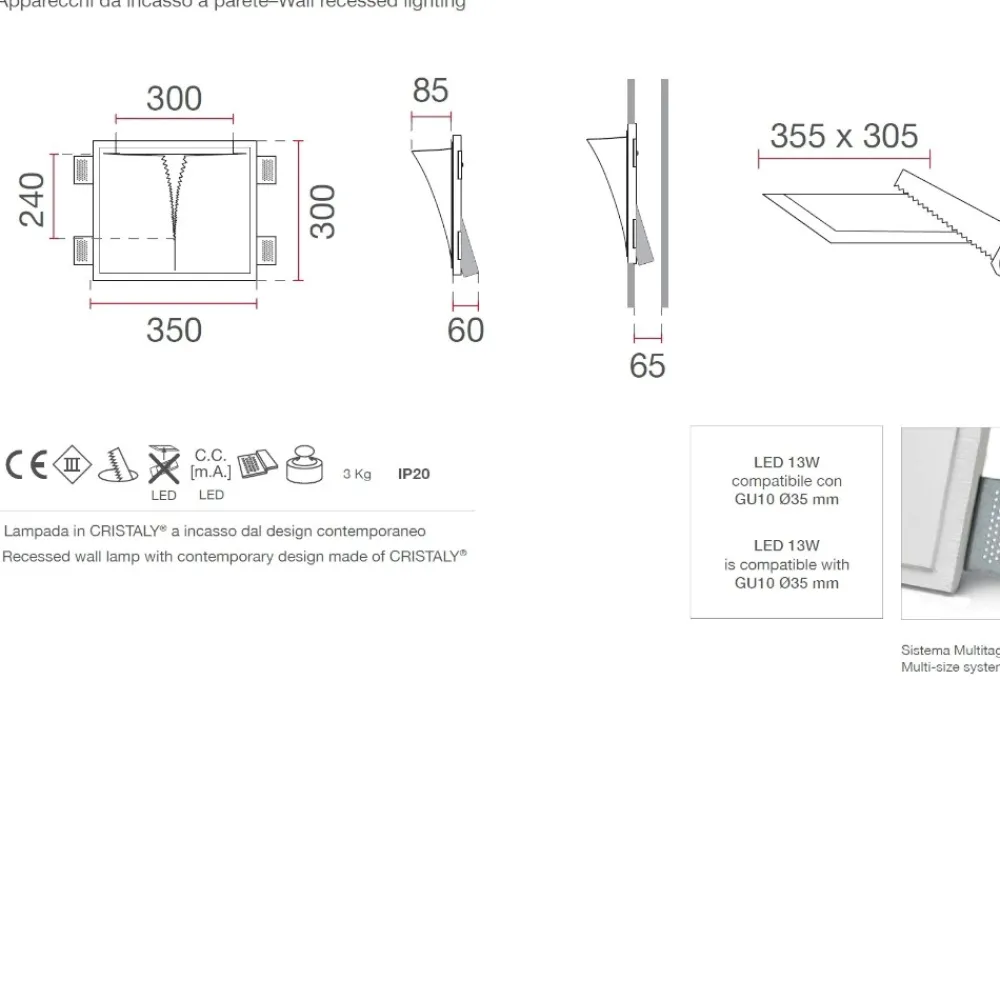 Applique Da Parete-Selezionato da Mazzolaluce Applique in gesso led cristaly da incasso a scomparsa parete verniciabile 13w 4000k
