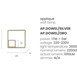 Applique Da Parete-Ondaluce Applique led 3000k ap dowel oro quadrata design moderna