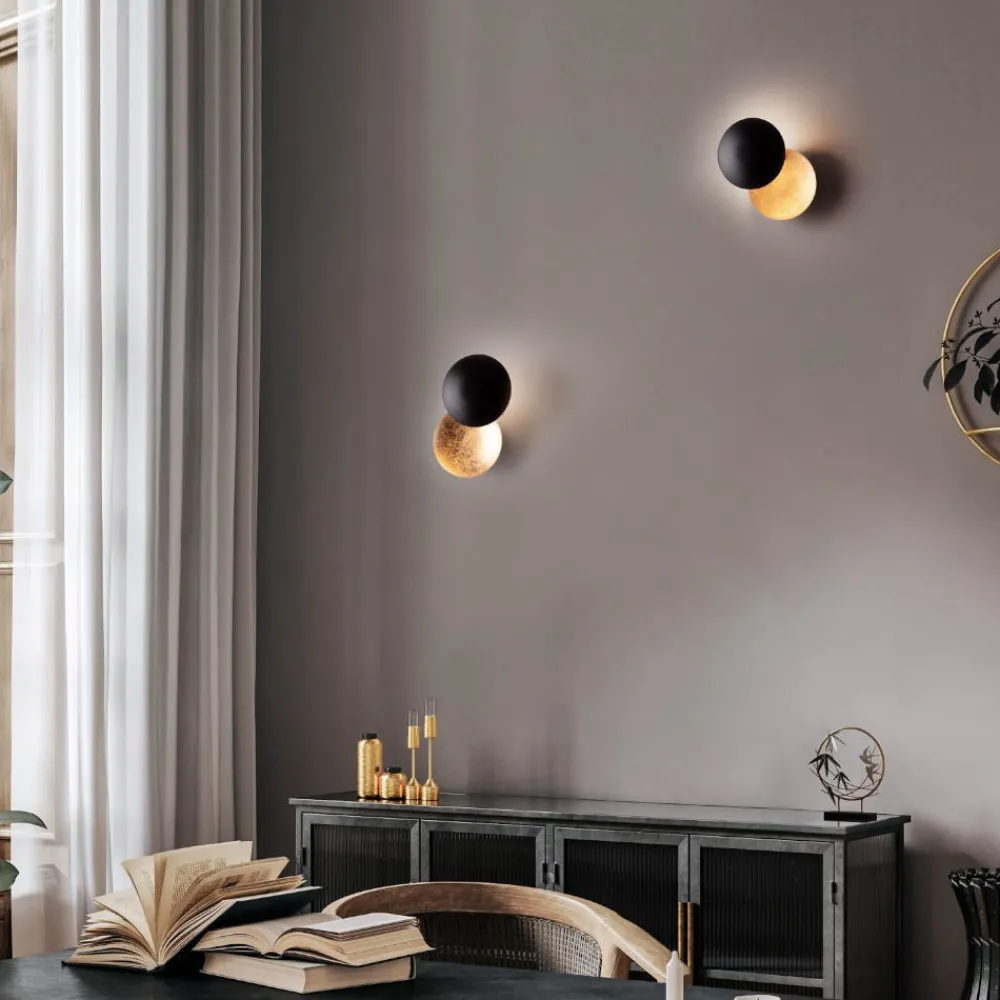 Applique Da Parete-Selezionato da Mazzolaluce Applique led sole doppio disco nero foglia oro orientabile