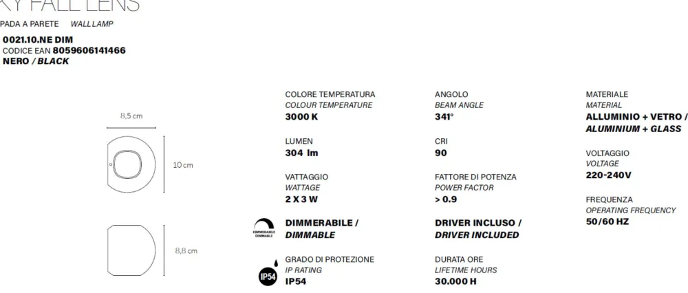 Applique Da Parete-Vivida International Applique led vivida sky fall lens nera doppia luce 3w 3000k dimmerabile