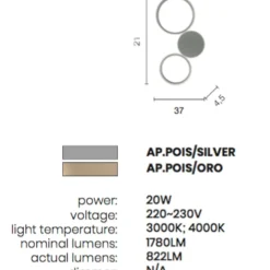 Applique Da Parete-Ondaluce Applique moderna ap pois led 20w 4000k silver