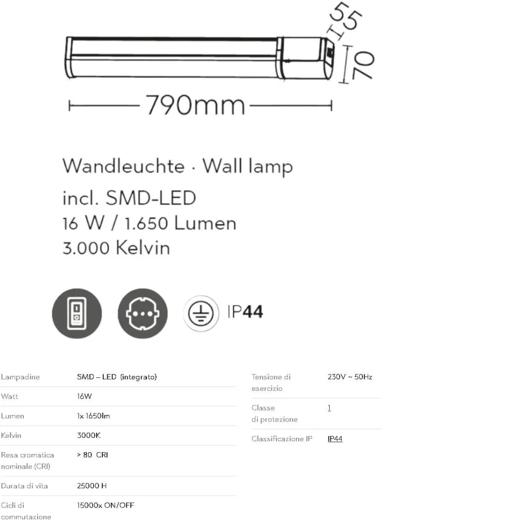 Applique Da Bagno-Selezionato da Mazzolaluce Applique tubo led 16w 3000k cromo per bagno con presa elettrica