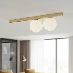 Plafoniere Moderne-Ideal Lux Binomio pl2 elegante plafoniera ottone due luci vetro bianco