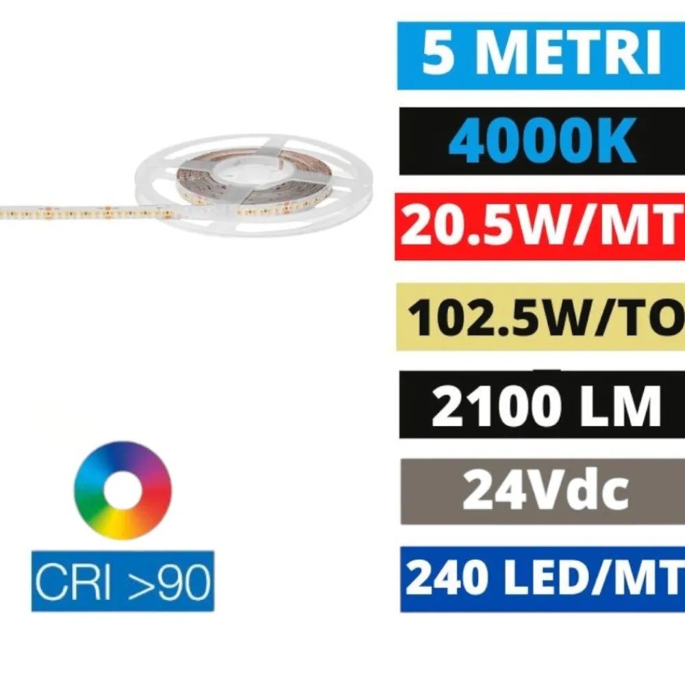 Strisce Led-Ideal Lux Bobina 5mt striscia led 19,2w-mt 4000k 24vdc cri90
