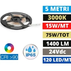 Strisce Led-Ideal Lux Bobina 5mt striscia led per esterno 14,4w-mt cri90 3000k 24v ip65