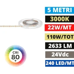 Strisce Led-Gea Luce Bobina 5mt striscia led 24v dc 22w-mt 3000k cri90