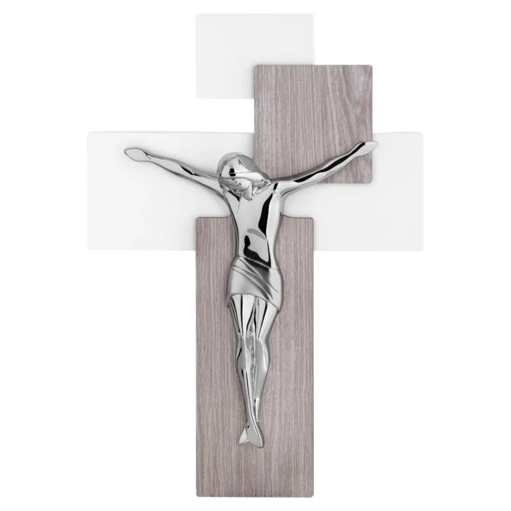 Crocifissi Da Parete-Bongelli Preziosi crocifisso moderno da parete 27x19 rovere cromato