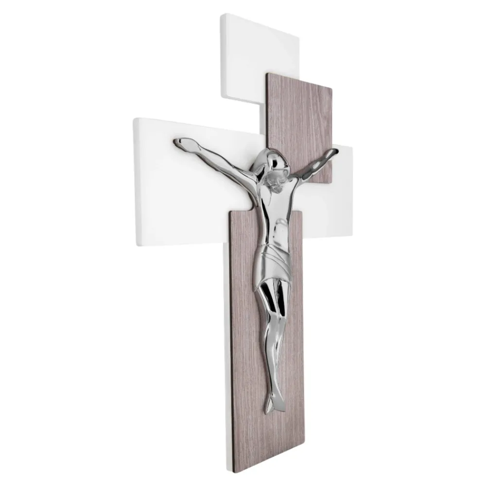 Crocifissi Da Parete-Bongelli Preziosi crocifisso moderno da parete 27x19 rovere cromato