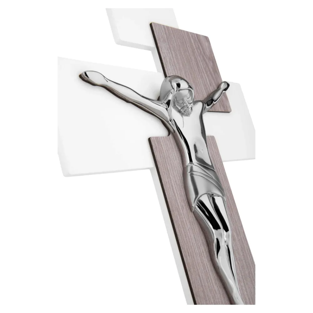 Crocifissi Da Parete-Bongelli Preziosi crocifisso moderno da parete 27x19 rovere cromato