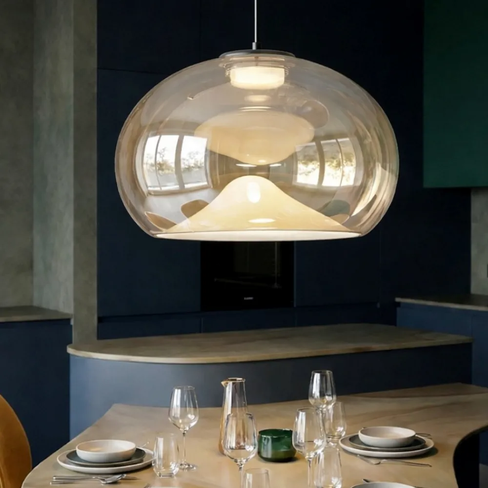 Lampadari Cucina-Fabas Luce Brena cognac lampadario led in vetro per sala da pranzo