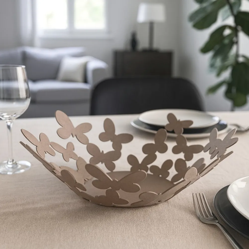 Soprammobili Moderni-Selezionato da Mazzolaluce Centrotavola farfalle beige porta frutta di metallo
