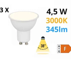Lampadine Led-Selezionato da Mazzolaluce Confezione da 3 lampadine gu10 led 4,5w 3000k 345 lumen ottica 38