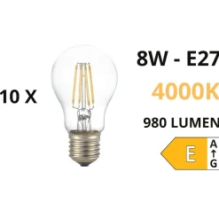 Lampadine Led-Ideal Lux Confezione n10 lampadine led e27 8w 4000k 980lm goccia trasparente