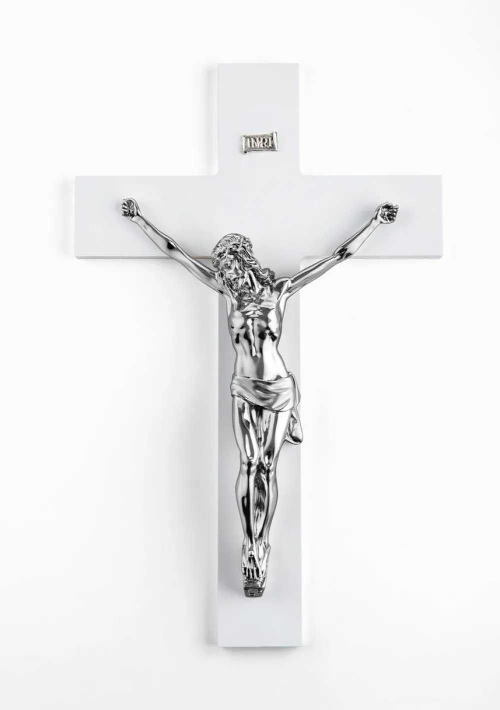 Crocifissi Da Parete-Selezionato da Mazzolaluce Crocifisso grande da parete 48x30 cm legno bianco cristo marmorino argento