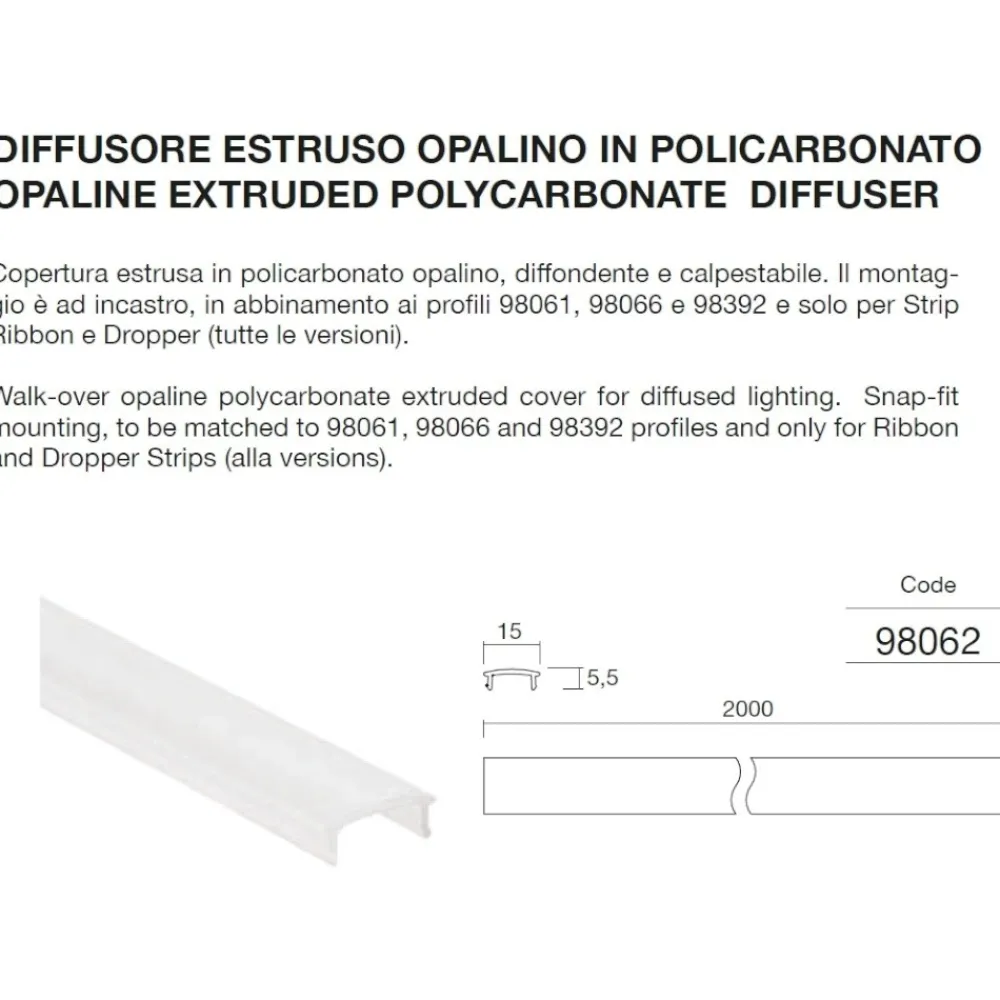 Accessori-Selezionato da Mazzolaluce Diffusore 98062 in polciarbonato opale per profilo alluminio ll 98061