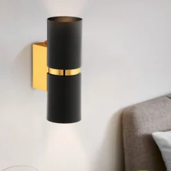 Applique Da Parete-Eglo passa applique lampada da parete cilindro nero oro