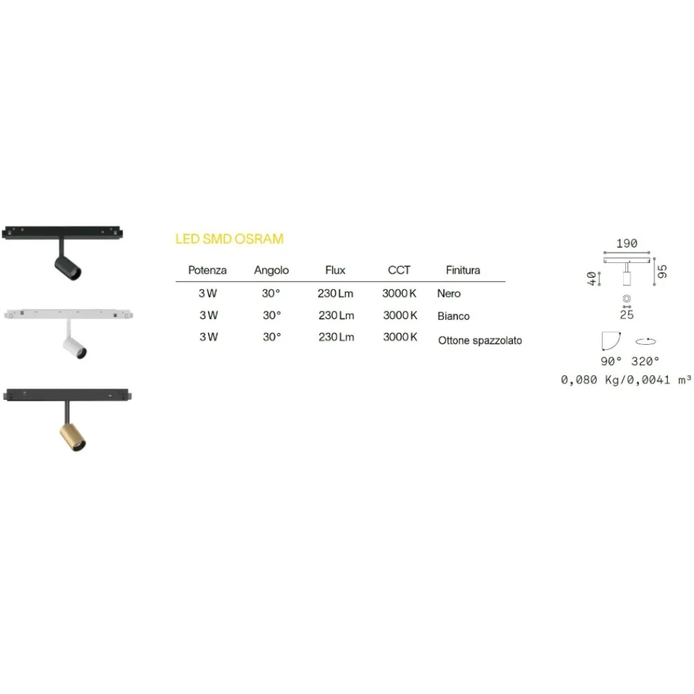 Illuminazione A Binario-Ideal Lux Ego track faretto led 3w 30000k osram nero orientabile per binario monofase 48v