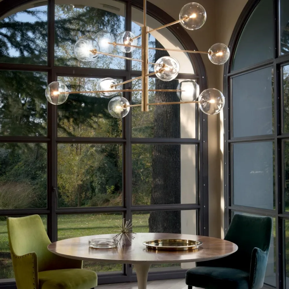 Lampadari Moderni-Ideal Lux Equinoxe sp12 ottone lampadario design bocce vetro trasparenti