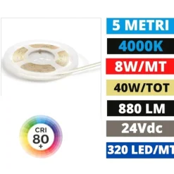 Strisce Led-Gea Luce bobina 5mt striscia led cob 8w-mt 4000k 24vdc