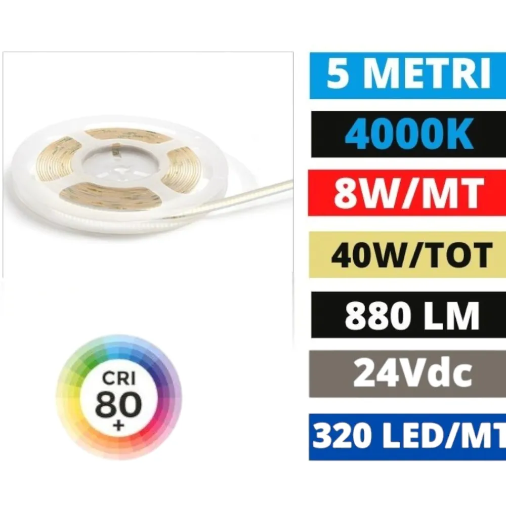 Strisce Led-Gea Luce bobina 5mt striscia led cob 8w-mt 4000k 24vdc