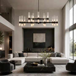 Lampadari Moderni-Selezionato da Mazzolaluce Grande lampadario dal design moderno nero con vetri tubolari per salone 30 luci