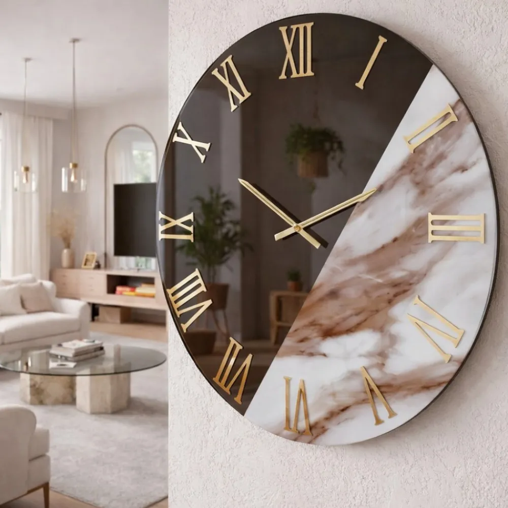 Orologi Da Parete Moderni-Selezionato da Mazzolaluce Grande orologio 80 cm rotondo specchiato bronzo effetto marmo marrone