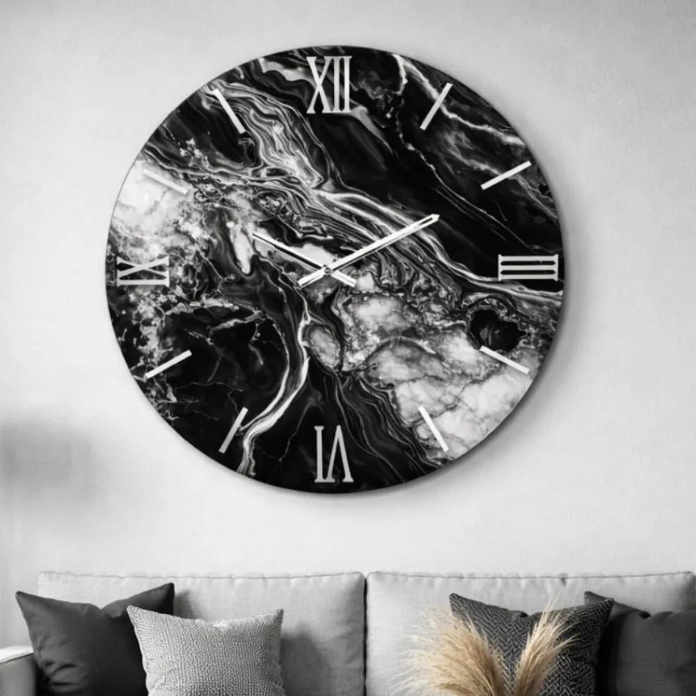 Orologi Da Parete Moderni-Selezionato da Mazzolaluce Grande orologio moderno nero rotondo effetto marmo nero numeri argento