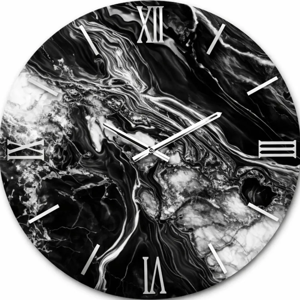 Orologi Da Parete Moderni-Selezionato da Mazzolaluce Grande orologio moderno nero rotondo effetto marmo nero numeri argento