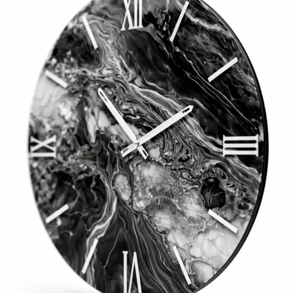 Orologi Da Parete Moderni-Selezionato da Mazzolaluce Grande orologio moderno nero rotondo effetto marmo nero numeri argento