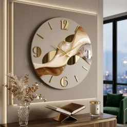 Orologi Da Parete Moderni-Selezionato da Mazzolaluce Grande orologio rotondo a parete resina effetto marmo dettagli foglia oro 70cm