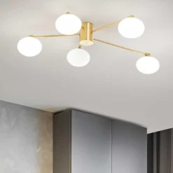 Plafoniere Moderne-Ideal Lux Hermes pl5 d90 plafoniera oro per camera da letto cinque luci sfere vetro bianco
