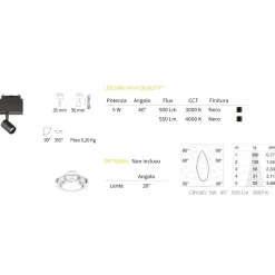 Illuminazione A Binario-Ideal Lux arca track faretto led binario monofase nero 5w 3000k 48v orientabile ottica 40