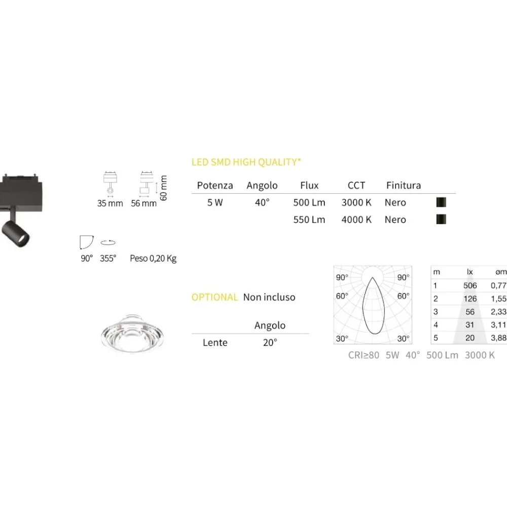 Illuminazione A Binario-Ideal Lux arca track faretto led binario monofase nero 5w 3000k 48v orientabile ottica 40