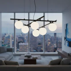 Lampadari Moderni-Ideal Lux atlas sp6 lampadario nero sfere vetro bianco opalino