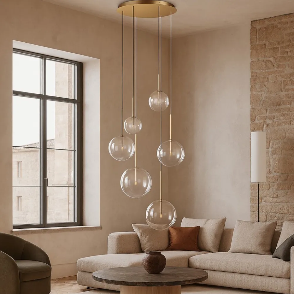 Lampadari Moderni-Ideal Lux equinoxe sp6 lampadario per soggiorno dorato con bocce vetro