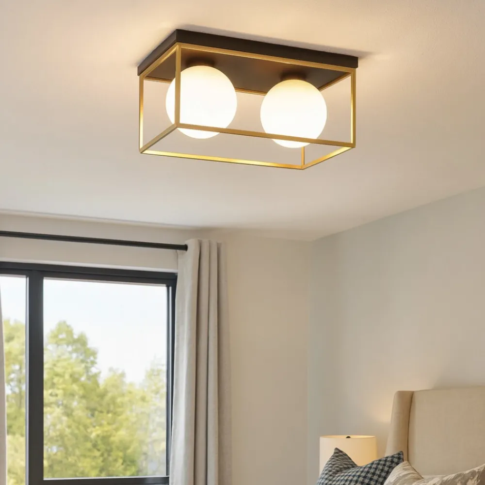 Plafoniere Moderne-Ideal Lux lingotto pl2 plafoniera due luci rettangolare metallo nero e oro