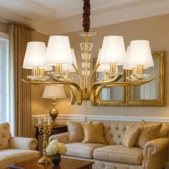 Lampadari Moderni-Ideal Lux pegaso sp8 lampadario per salone ottone paralumi tessuto