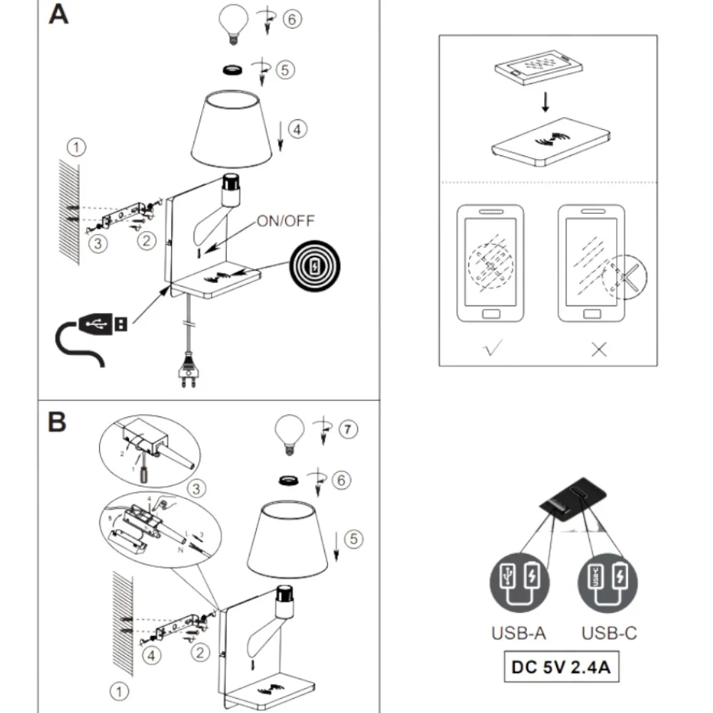 Applique Camera Da Letto-Selezionato da Mazzolaluce Lampada a parete per comodini bianco con base di ricarica presa usb