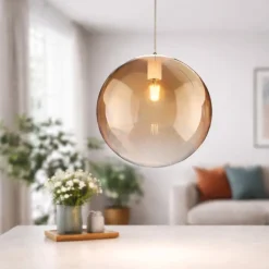 Lampade A Sospensione-Selezionato da Mazzolaluce Lampada a sospensione 25cm sfera vetro ambra sfumato top light