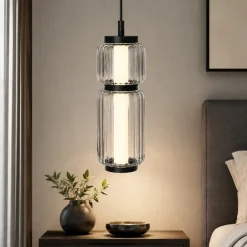Lampade A Sospensione-Selezionato da Mazzolaluce Lampada a sospensione led nera tubolare in vetro trasparente rigato