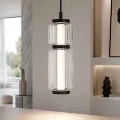 Lampade A Sospensione-Selezionato da Mazzolaluce Lampada a sospensione led nera tubolare in vetro trasparente rigato