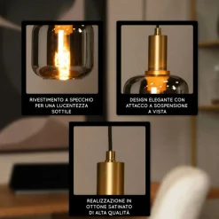 Lampade A Sospensione-Selezionato da Mazzolaluce Lampada a sospensione sfera vetro fume metallo oro cavo tessuto