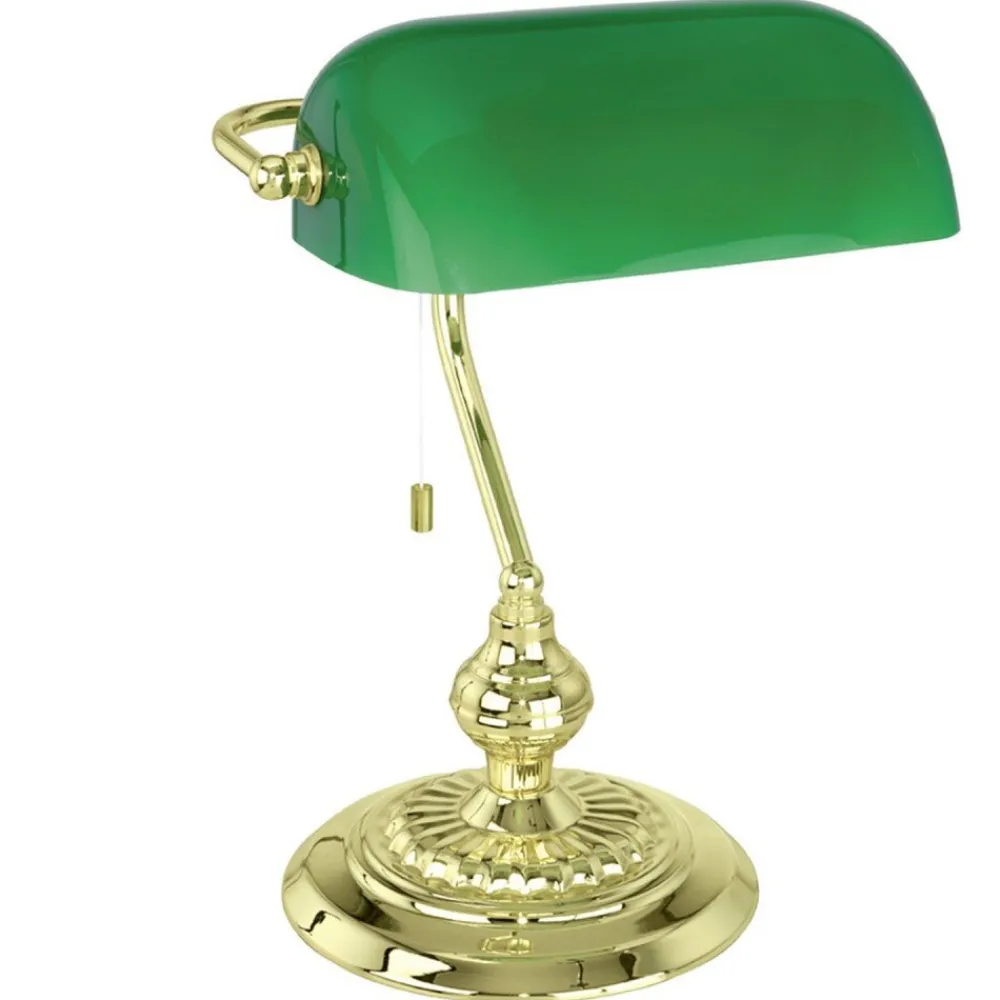 Lampade Da Tavolo-Eglo Lampada classica da scrivania churchill ottone vetro verde con cordicella banker