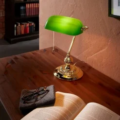 Lampade Da Tavolo-Eglo Lampada classica da scrivania churchill ottone vetro verde con cordicella banker