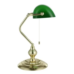 Lampade Da Tavolo-Eglo Lampada classica da scrivania churchill ottone vetro verde con cordicella banker
