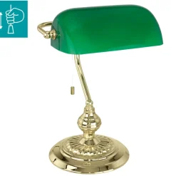 Lampade Da Tavolo-Eglo Lampada classica da scrivania churchill ottone vetro verde con cordicella banker